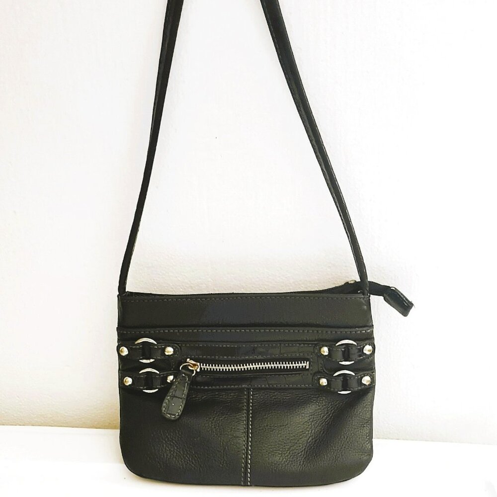 Etienne Aigner Black Leather Crossbody with Embossed Croc Print Trim Small Bag